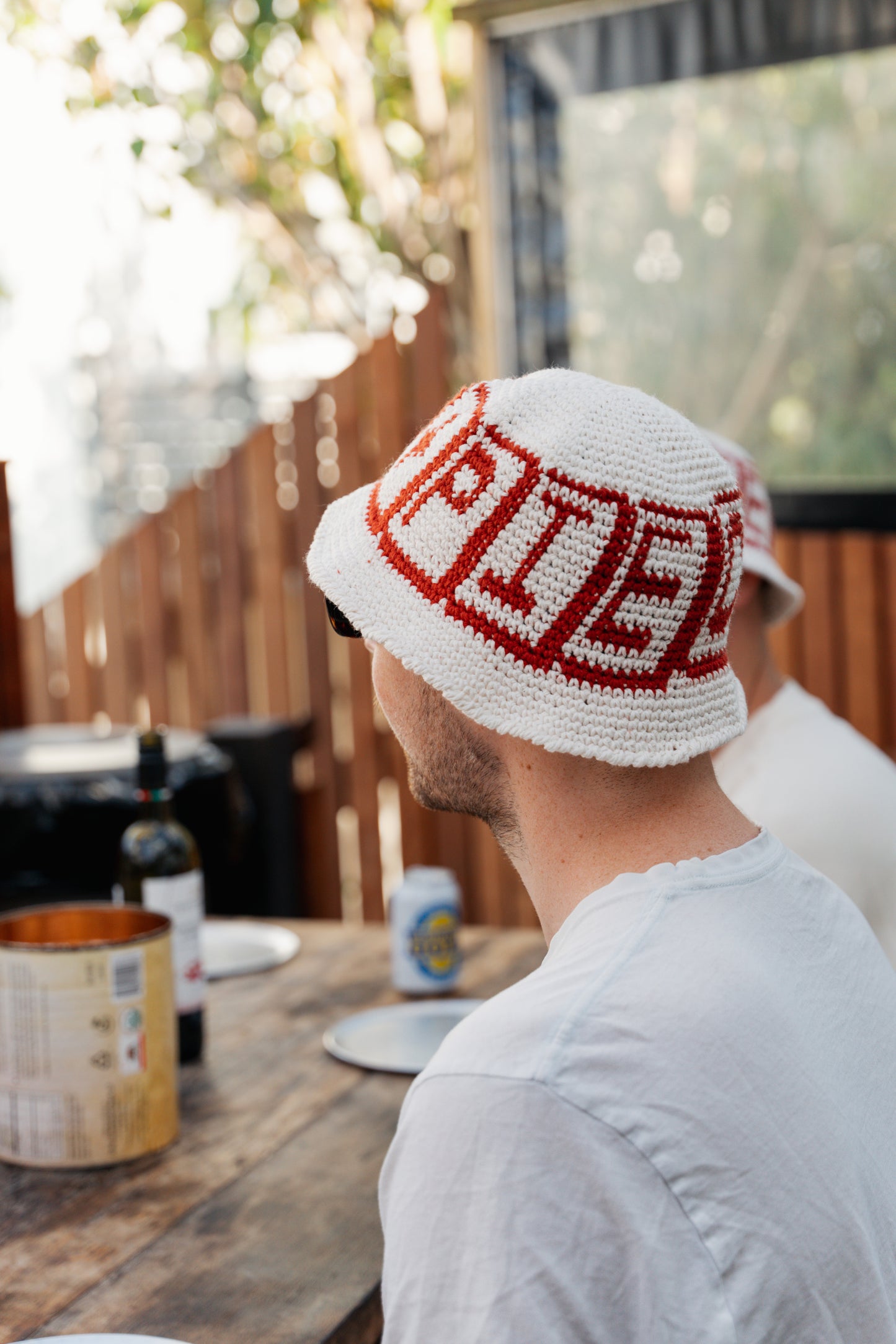 4) CROCHET HAT - White & Brick