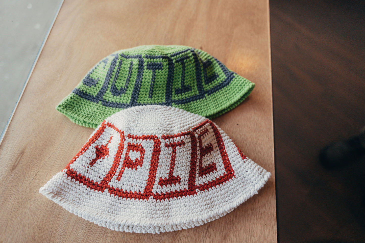 4) CROCHET HAT - White & Brick