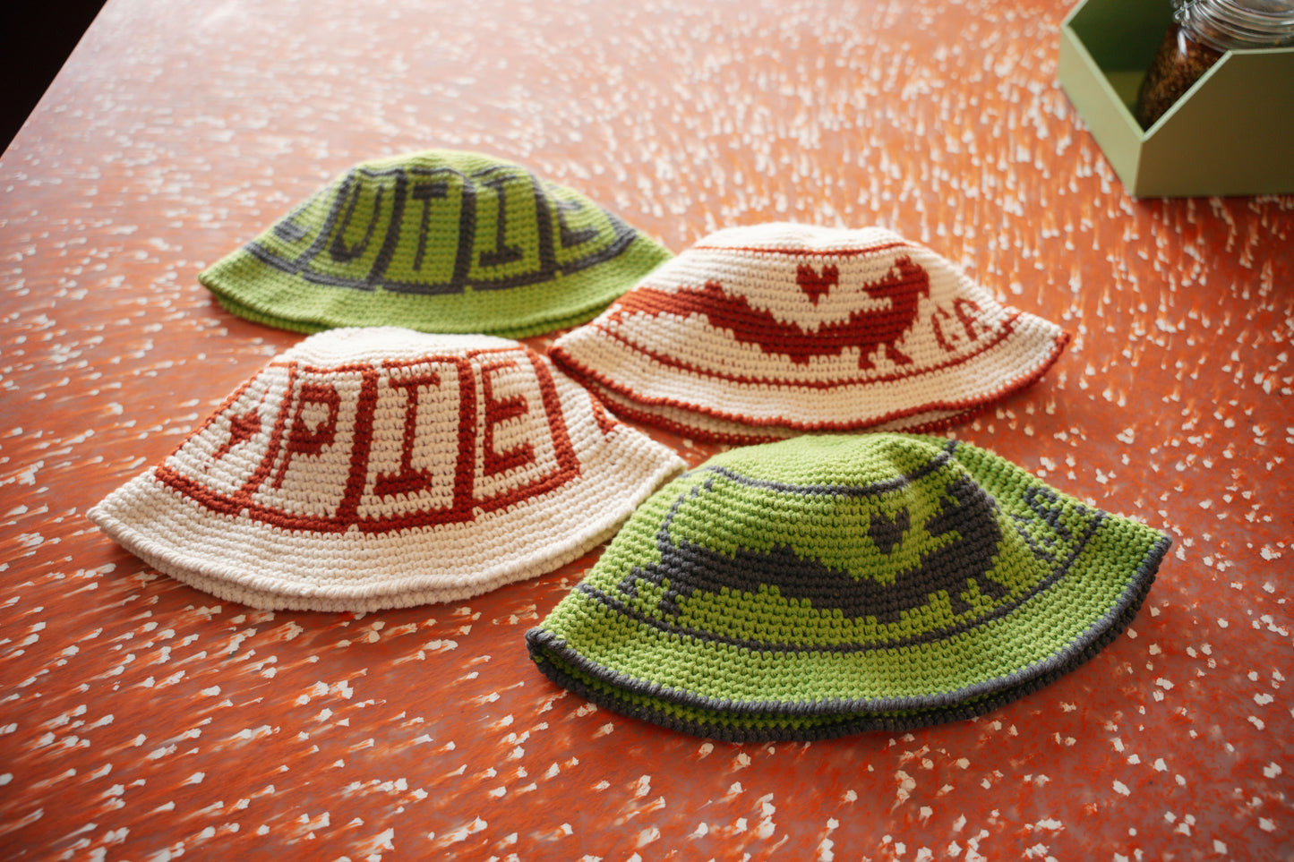 4) CROCHET HAT - White & Brick
